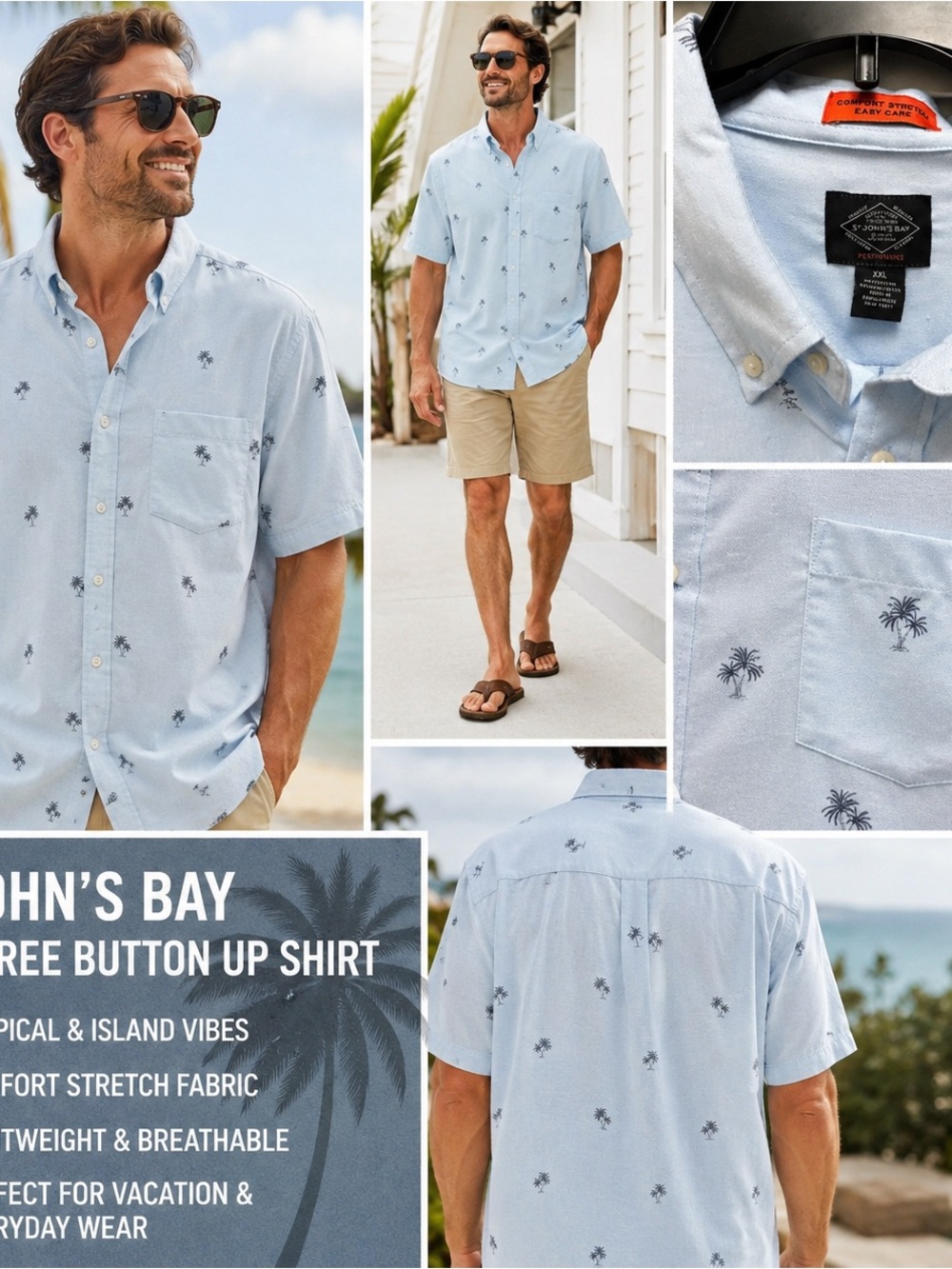 St Johns Bay Shirt Men’s XXL Blue Palm Tree Tropical Island Boho Resort Travel